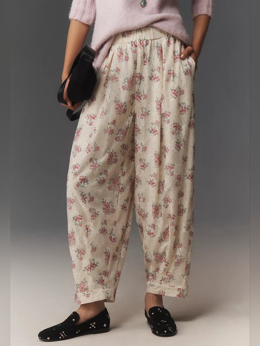 Anthropologie Cream Floral Wide-Leg Pants